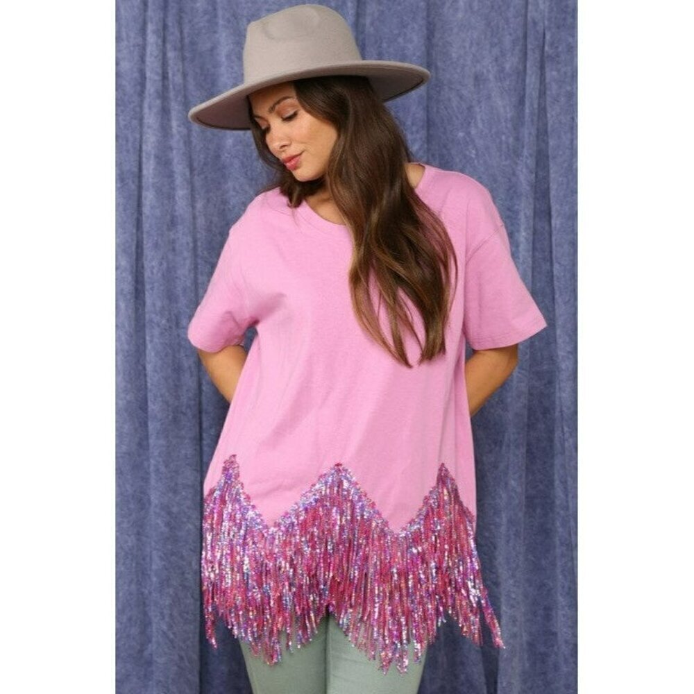 Here for the Fringe Chevron Sequin Top in Lavender - Picture 2 of 10